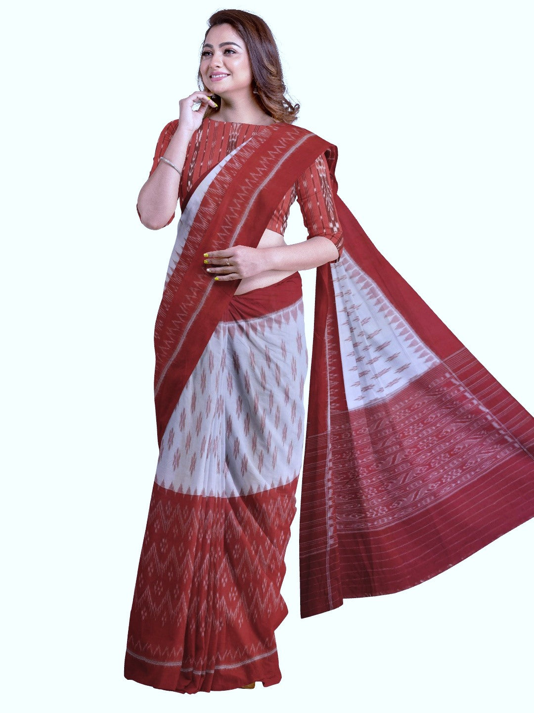 White and Red Cotton Odisha Ikat saree  with mix match cotton ikat blouse