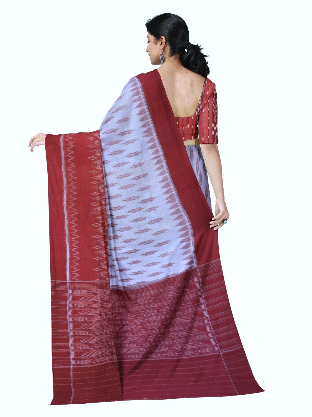 White and Red Cotton Odisha Ikat saree  with mix match cotton ikat blouse