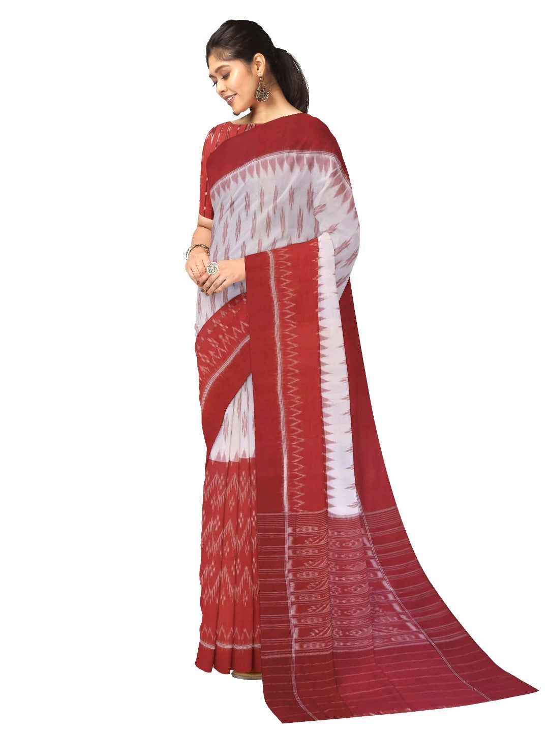 White and Red Cotton Odisha Ikat saree  with mix match cotton ikat blouse