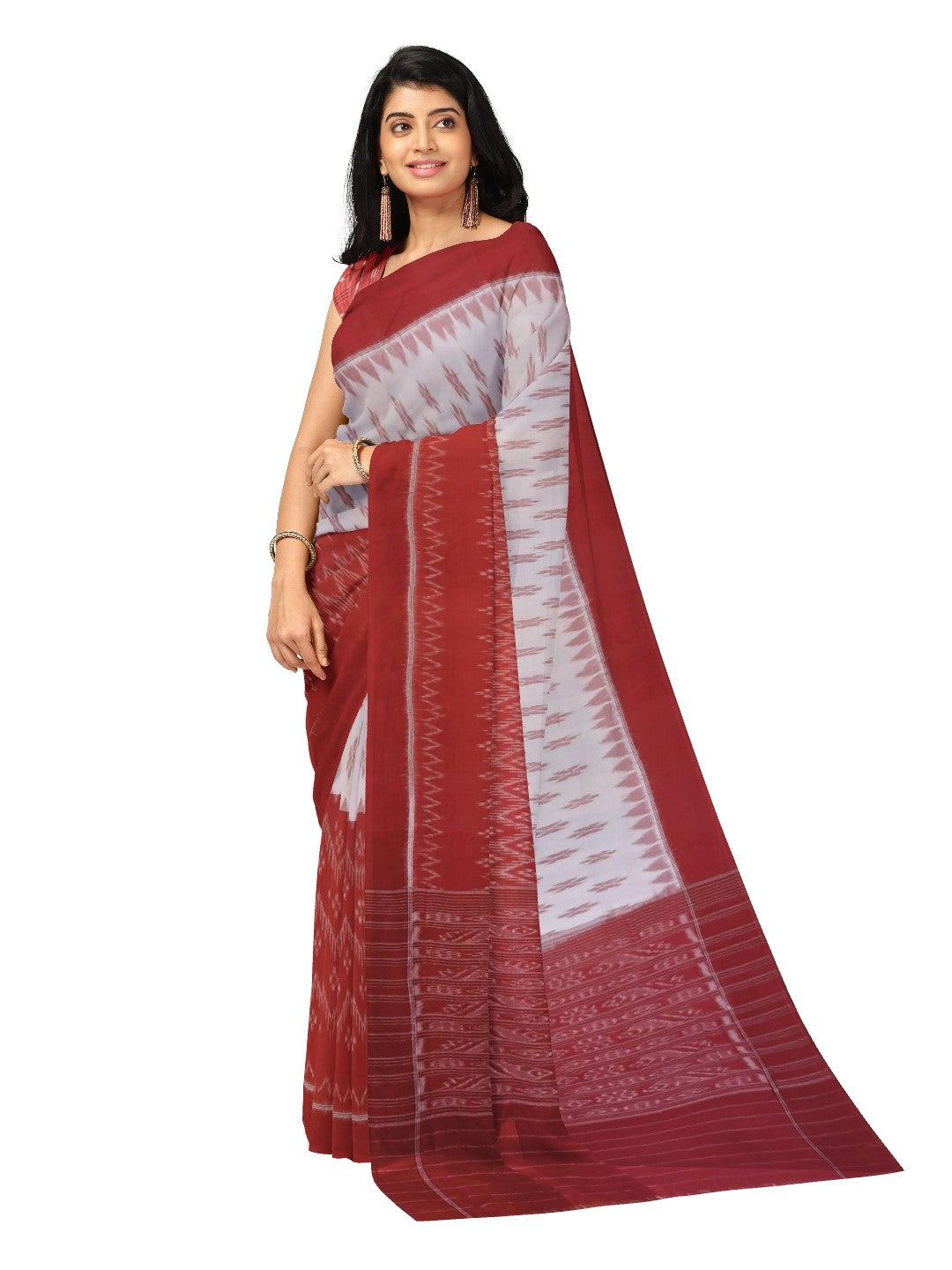 White and Red Cotton Odisha Ikat saree  with mix match cotton ikat blouse