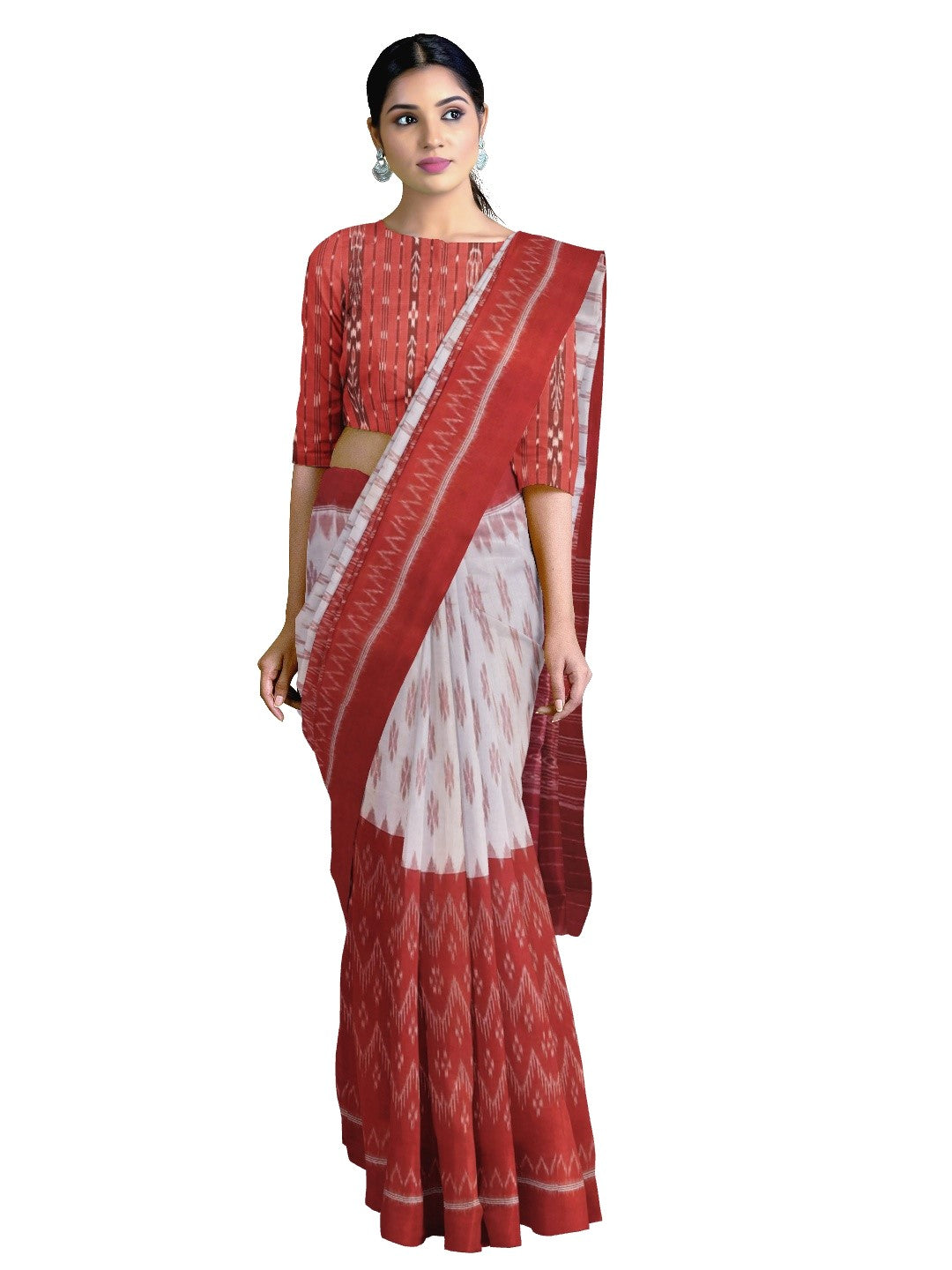 White and Red Cotton Odisha Ikat saree  with mix match cotton ikat blouse