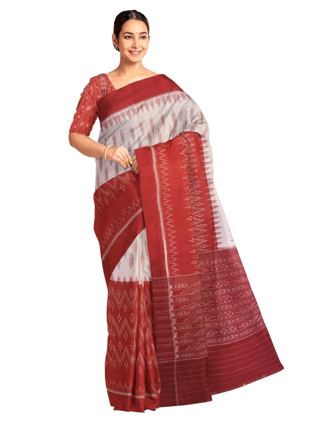 White and Red Cotton Odisha Ikat saree  with mix match cotton ikat blouse