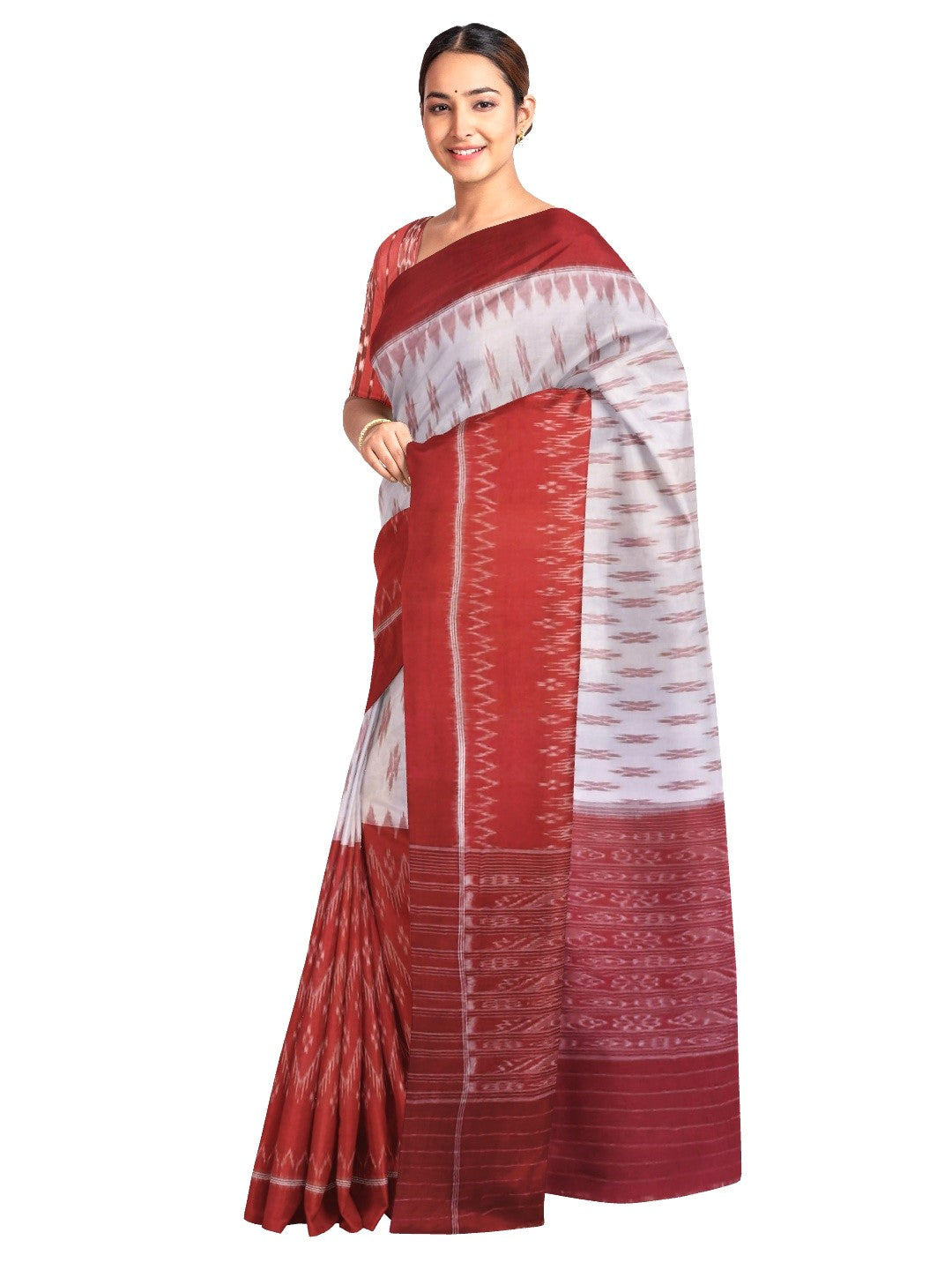 White and Red Cotton Odisha Ikat saree  with mix match cotton ikat blouse