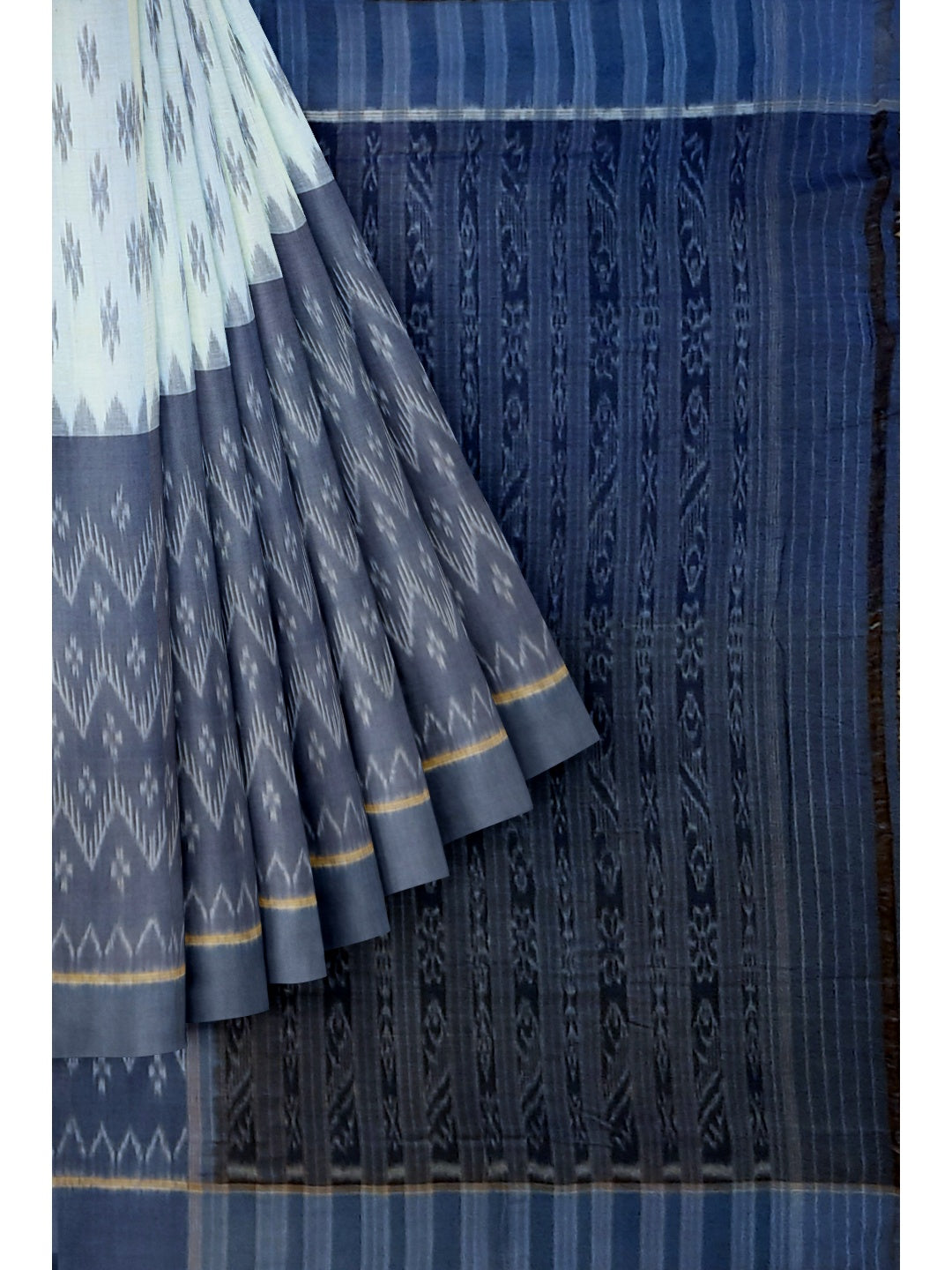 White and Blue combination Odisha Ikat saree  with cotton ikat blouse piece