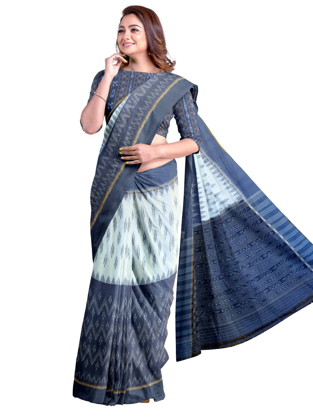 White and Blue combination Odisha Ikat saree  with cotton ikat blouse piece