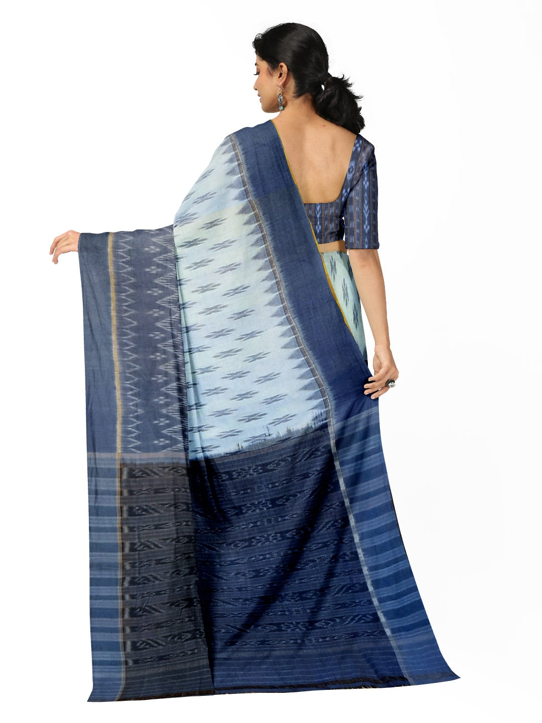 White and Blue combination Odisha Ikat saree  with cotton ikat blouse piece