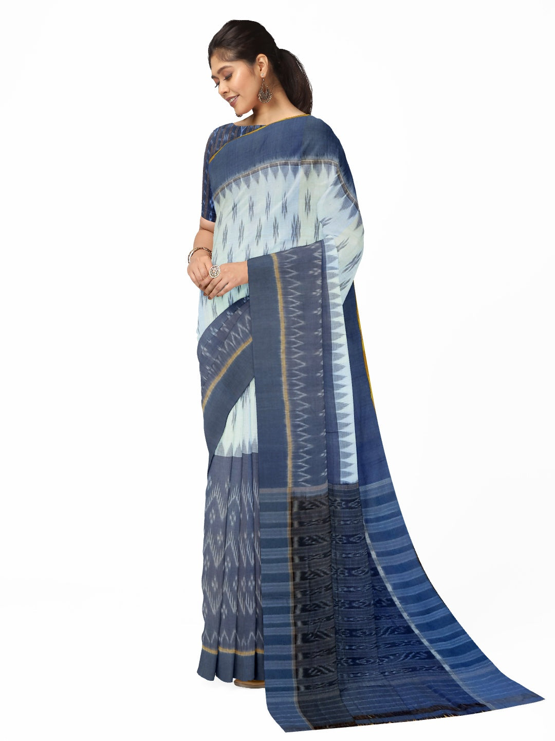 White and Blue combination Odisha Ikat saree  with cotton ikat blouse piece