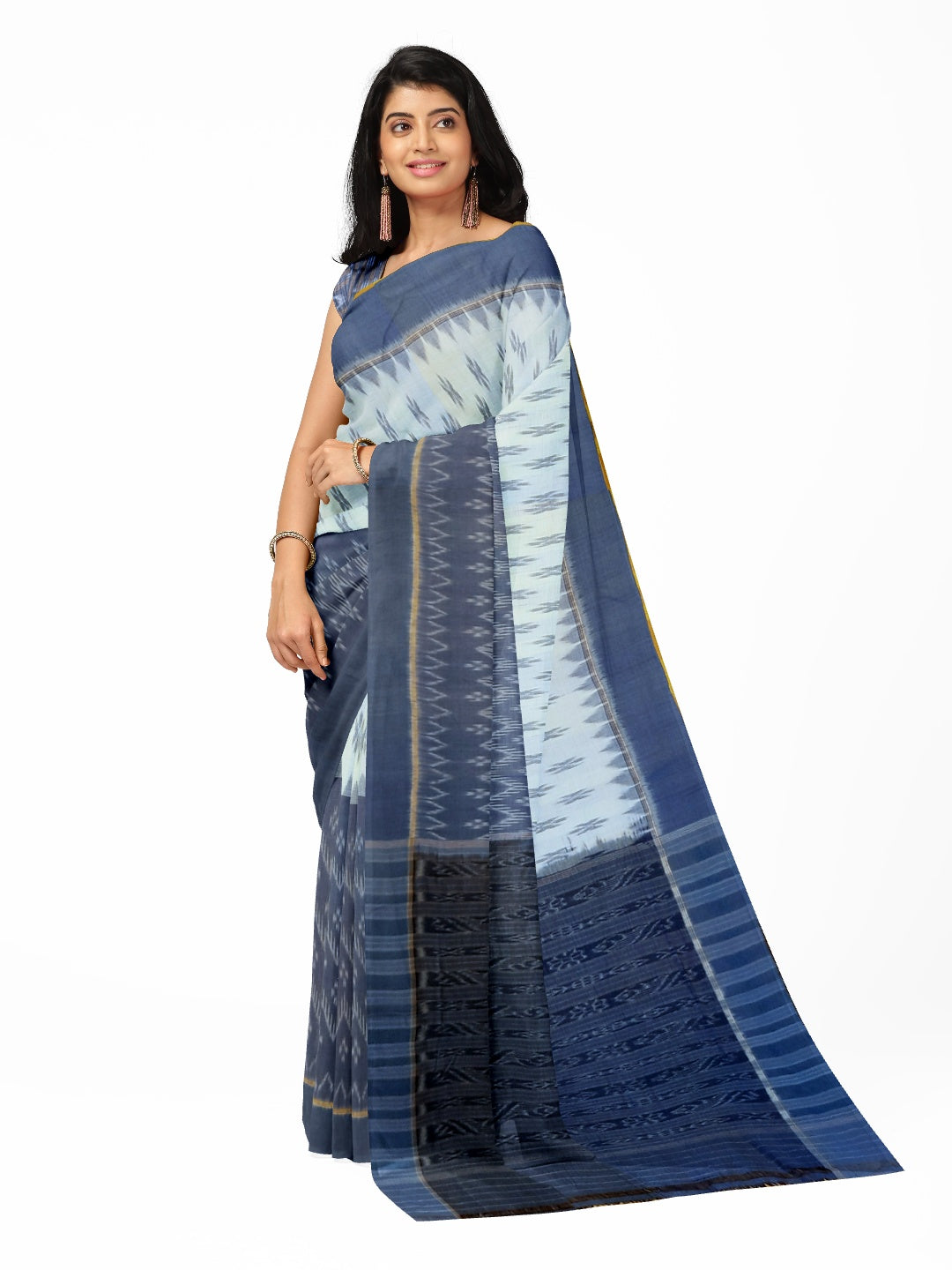 White and Blue combination Odisha Ikat saree  with cotton ikat blouse piece