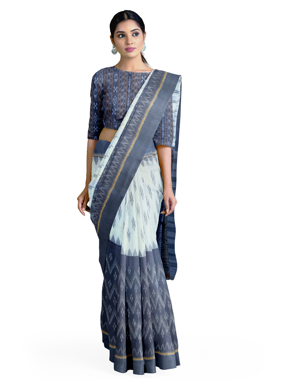 White and Blue combination Odisha Ikat saree  with cotton ikat blouse piece