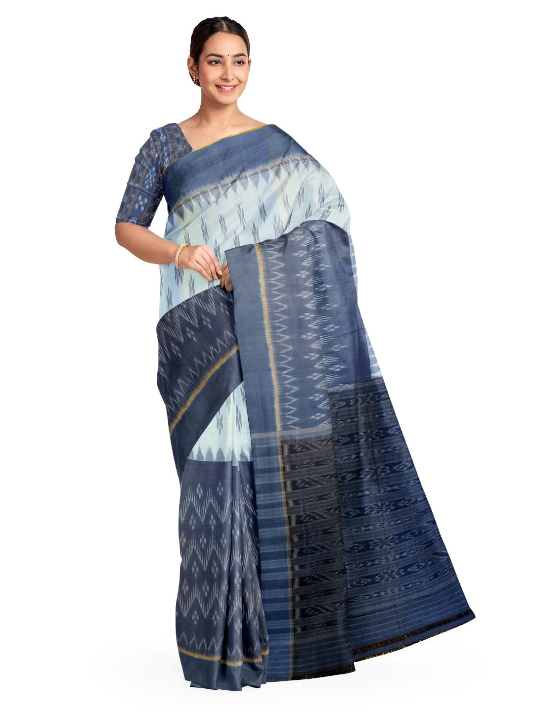 White and Blue combination Odisha Ikat saree  with cotton ikat blouse piece