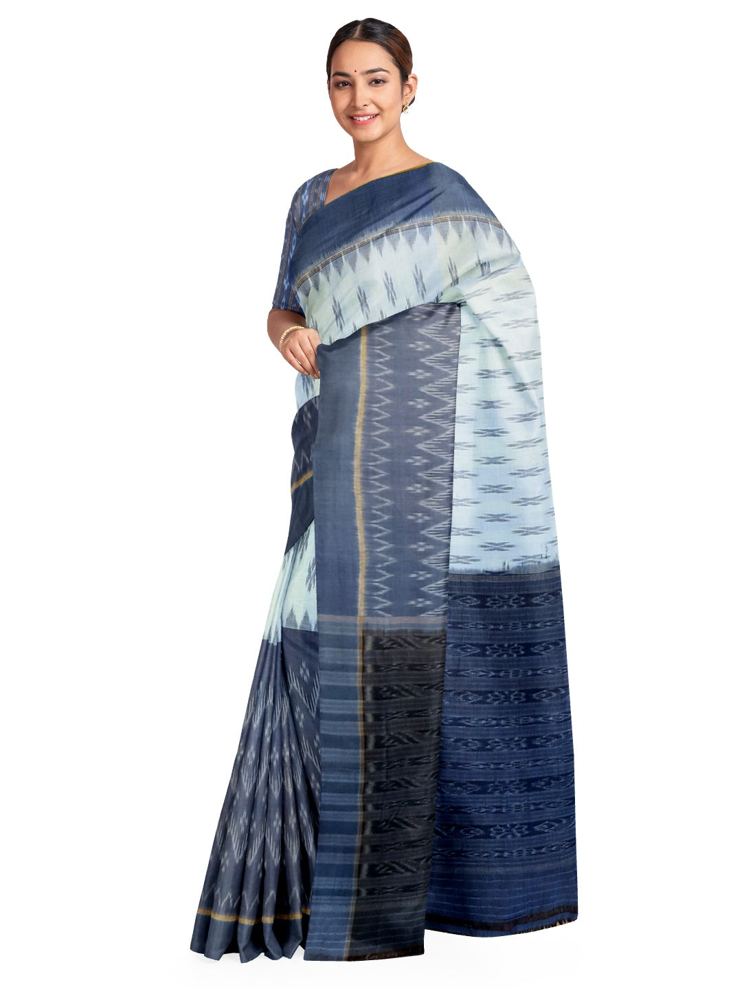 White and Blue combination Odisha Ikat saree  with cotton ikat blouse piece