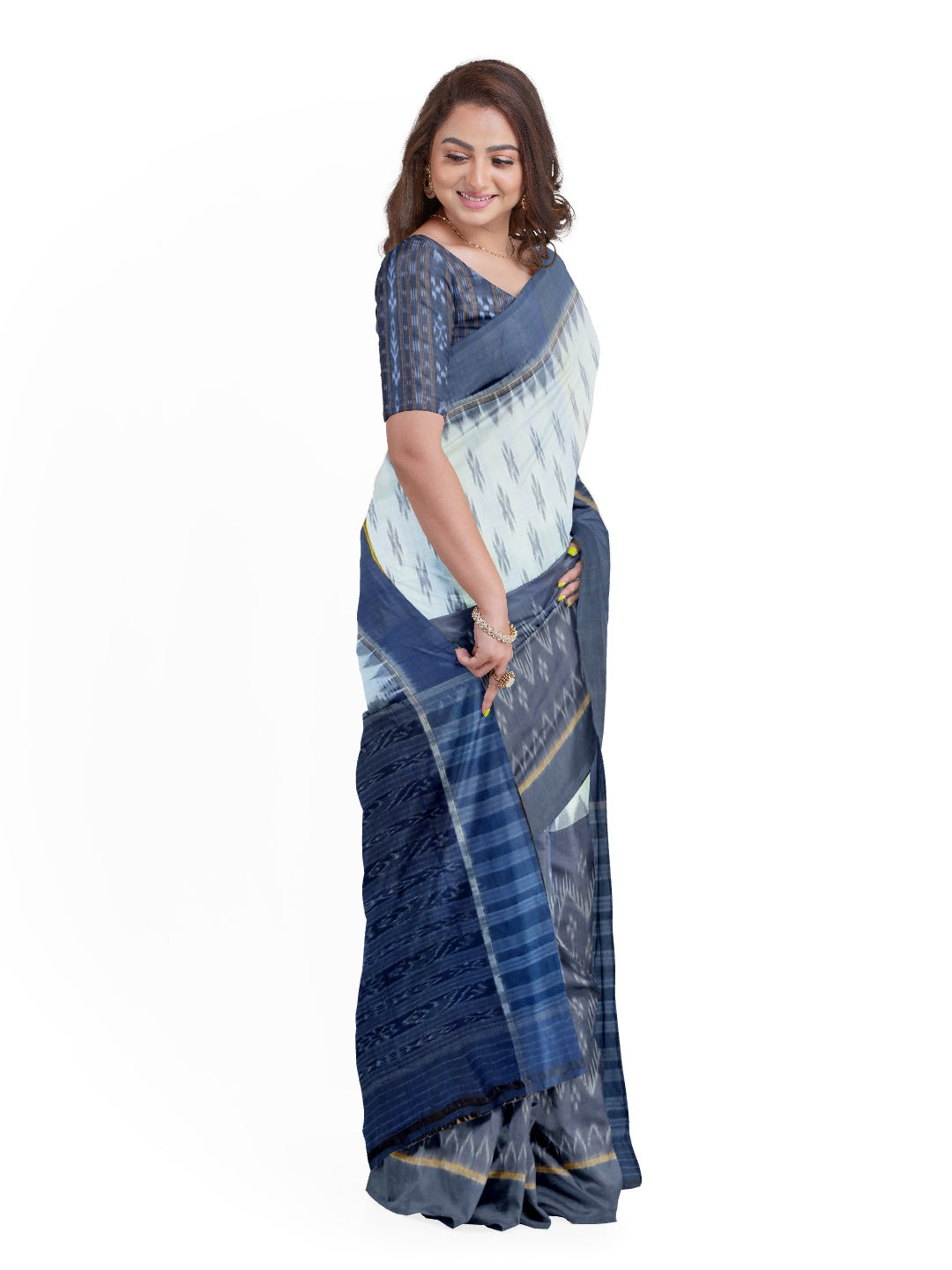 White and Blue combination Odisha Ikat saree  with cotton ikat blouse piece