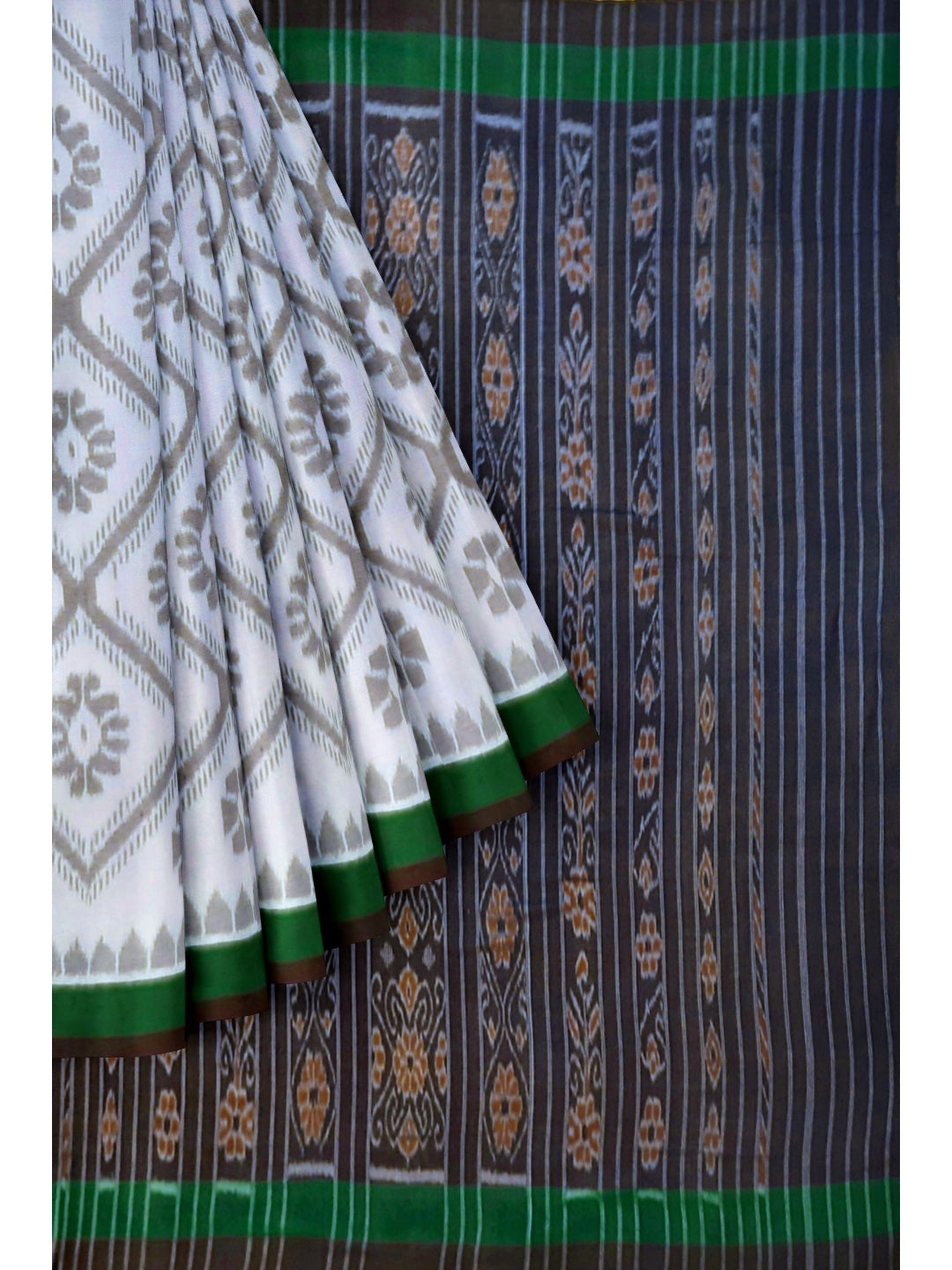 White and Green Cotton Odisha Ikat saree  with mix match cotton ikat blouse