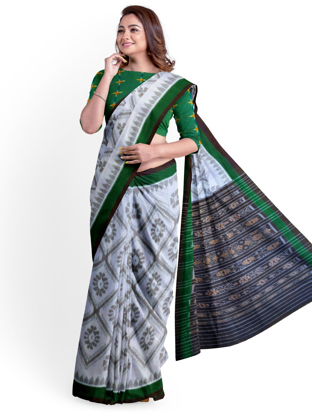 White and Green Cotton Odisha Ikat saree  with mix match cotton ikat blouse