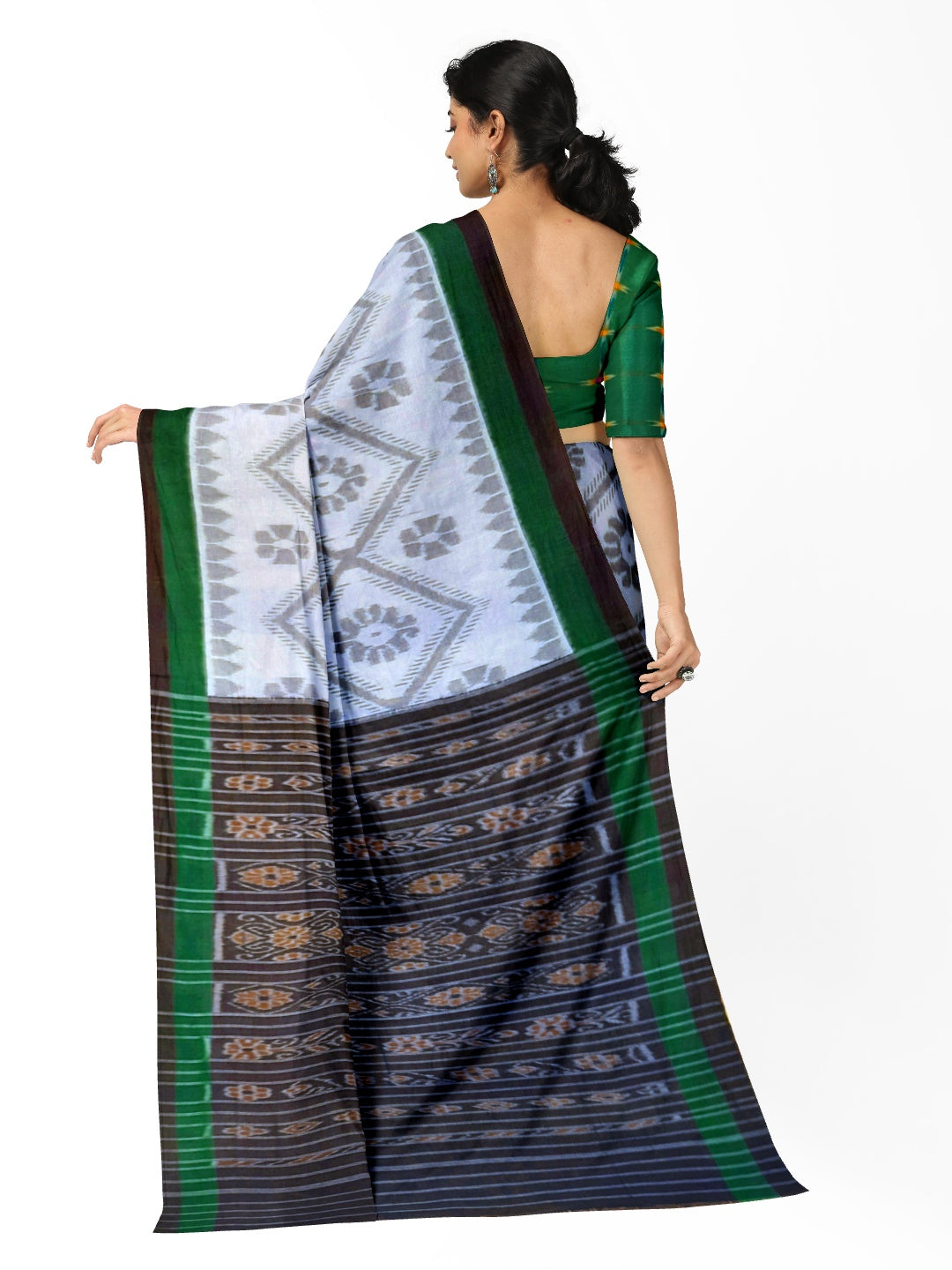 White and Green Cotton Odisha Ikat saree  with mix match cotton ikat blouse