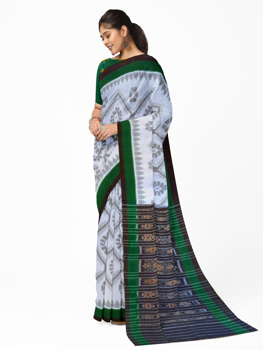 White and Green Cotton Odisha Ikat saree  with mix match cotton ikat blouse