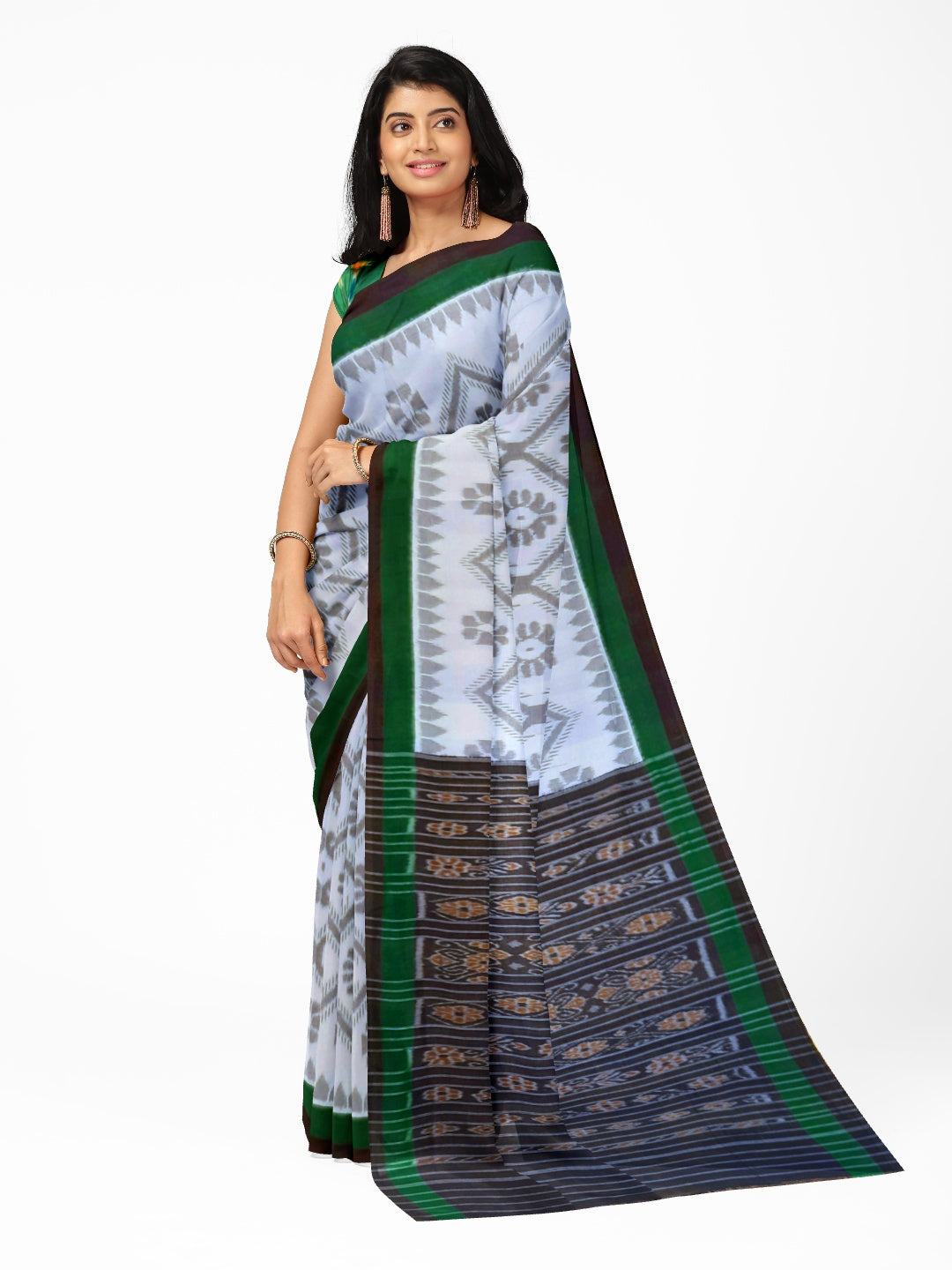 White and Green Cotton Odisha Ikat saree  with mix match cotton ikat blouse
