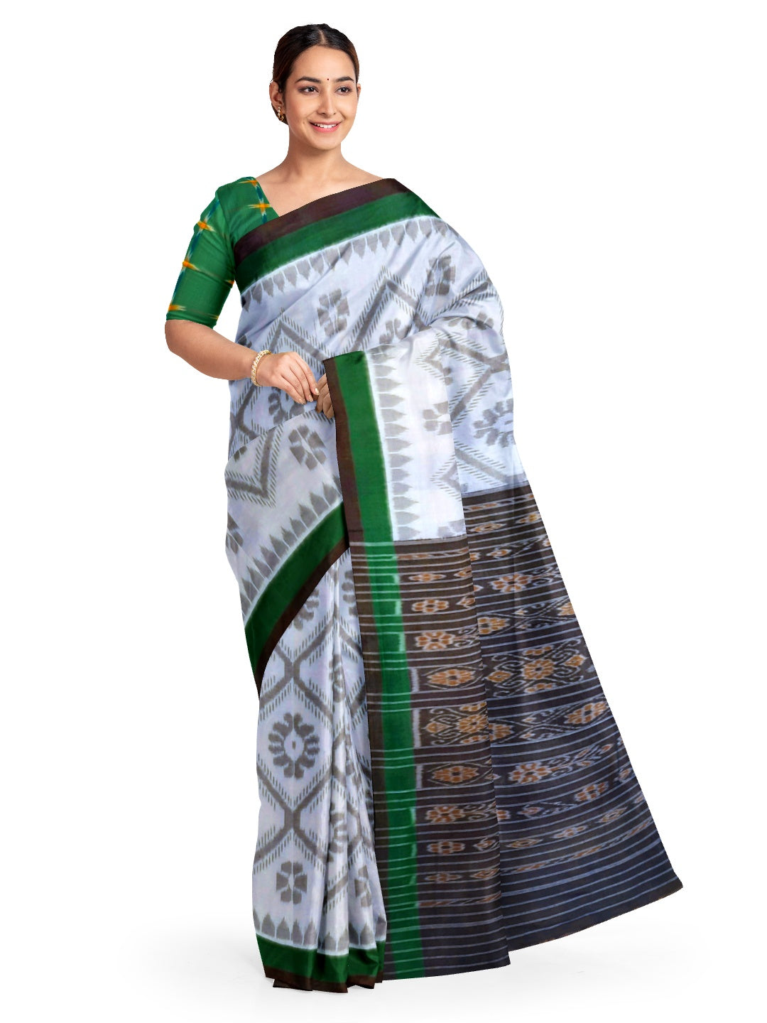 White and Green Cotton Odisha Ikat saree  with mix match cotton ikat blouse