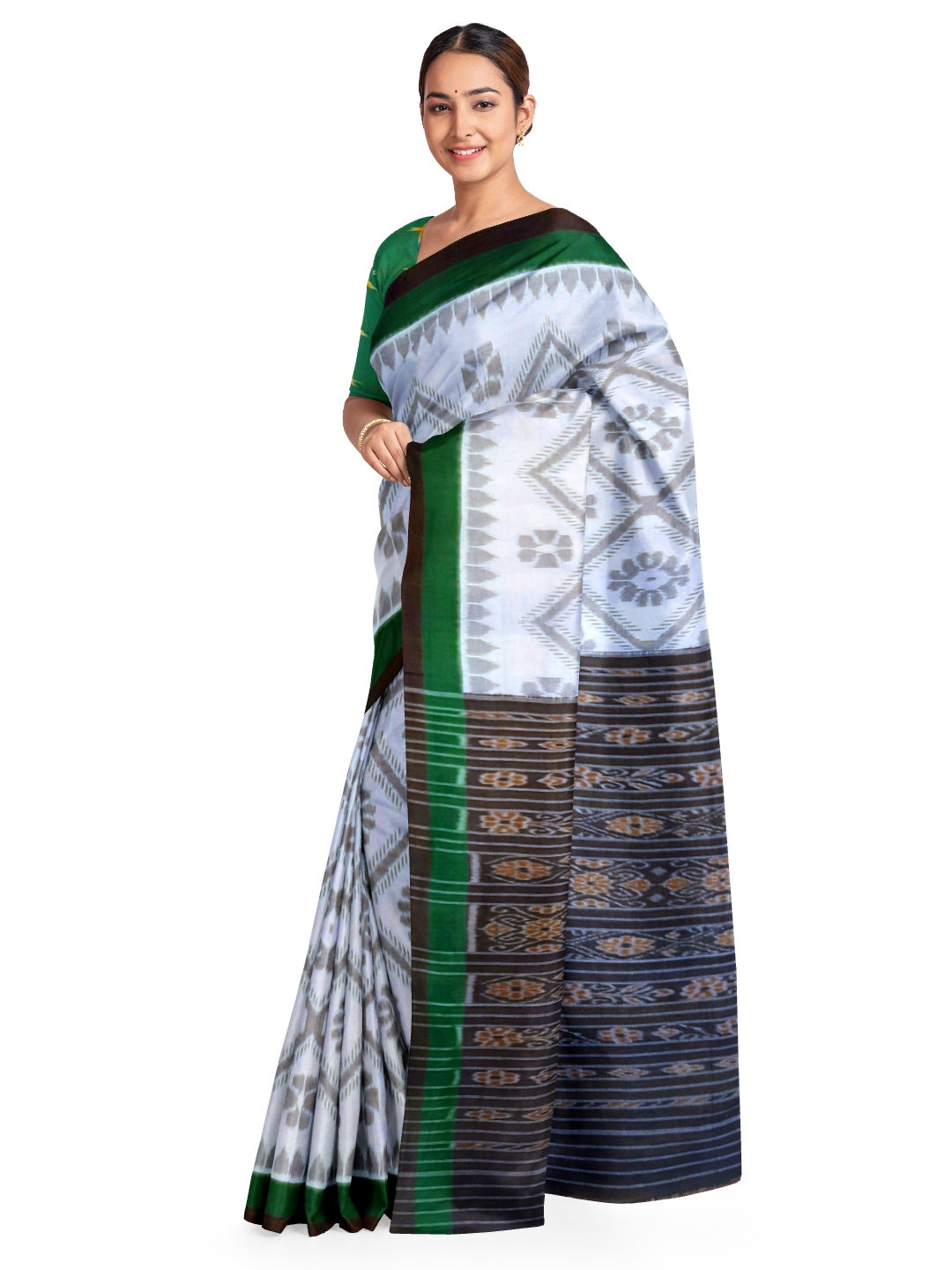 White and Green Cotton Odisha Ikat saree  with mix match cotton ikat blouse