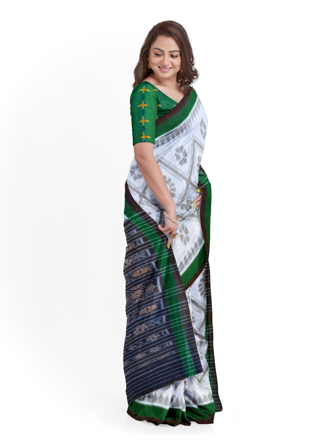 White and Green Cotton Odisha Ikat saree  with mix match cotton ikat blouse