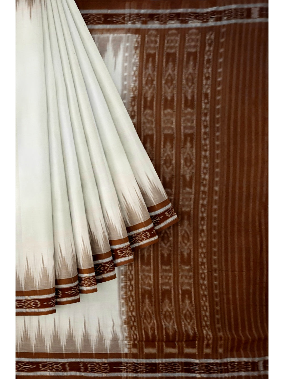 White and Brown coloured Odisha Ikat saree  with cotton ikat blouse piece
