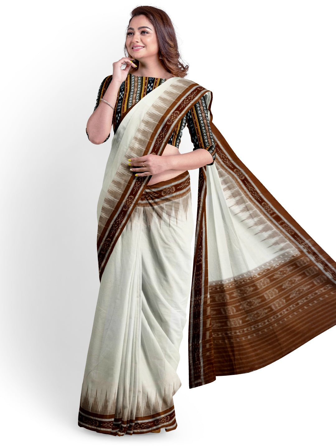 White and Brown coloured Odisha Ikat saree  with cotton ikat blouse piece