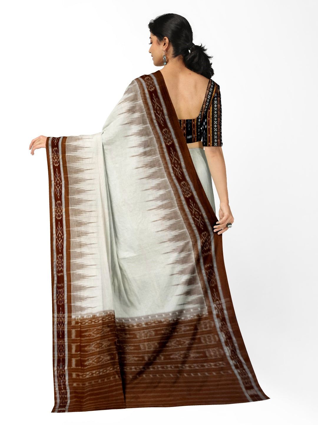 White and Brown coloured Odisha Ikat saree  with cotton ikat blouse piece