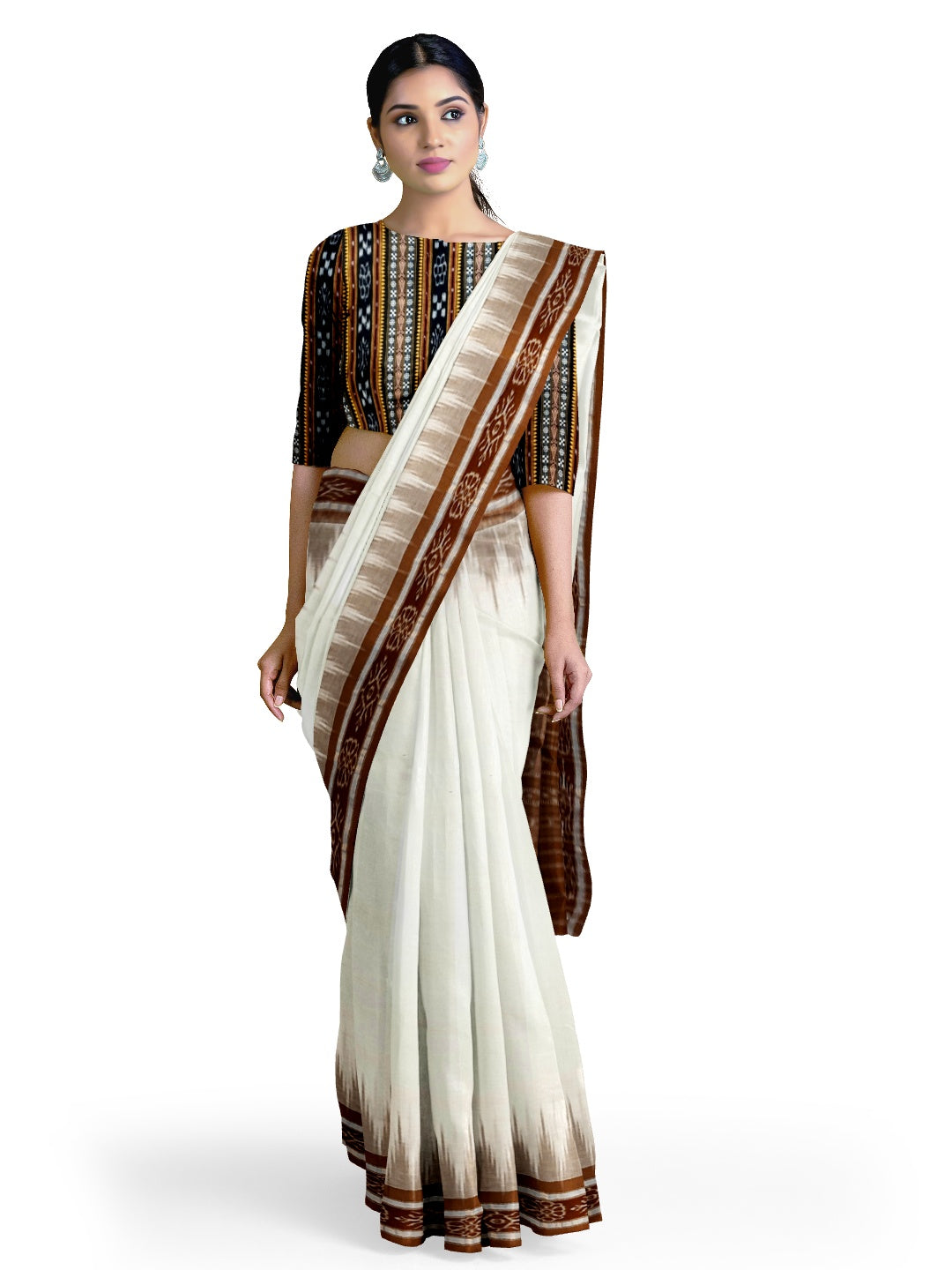 White and Brown coloured Odisha Ikat saree  with cotton ikat blouse piece