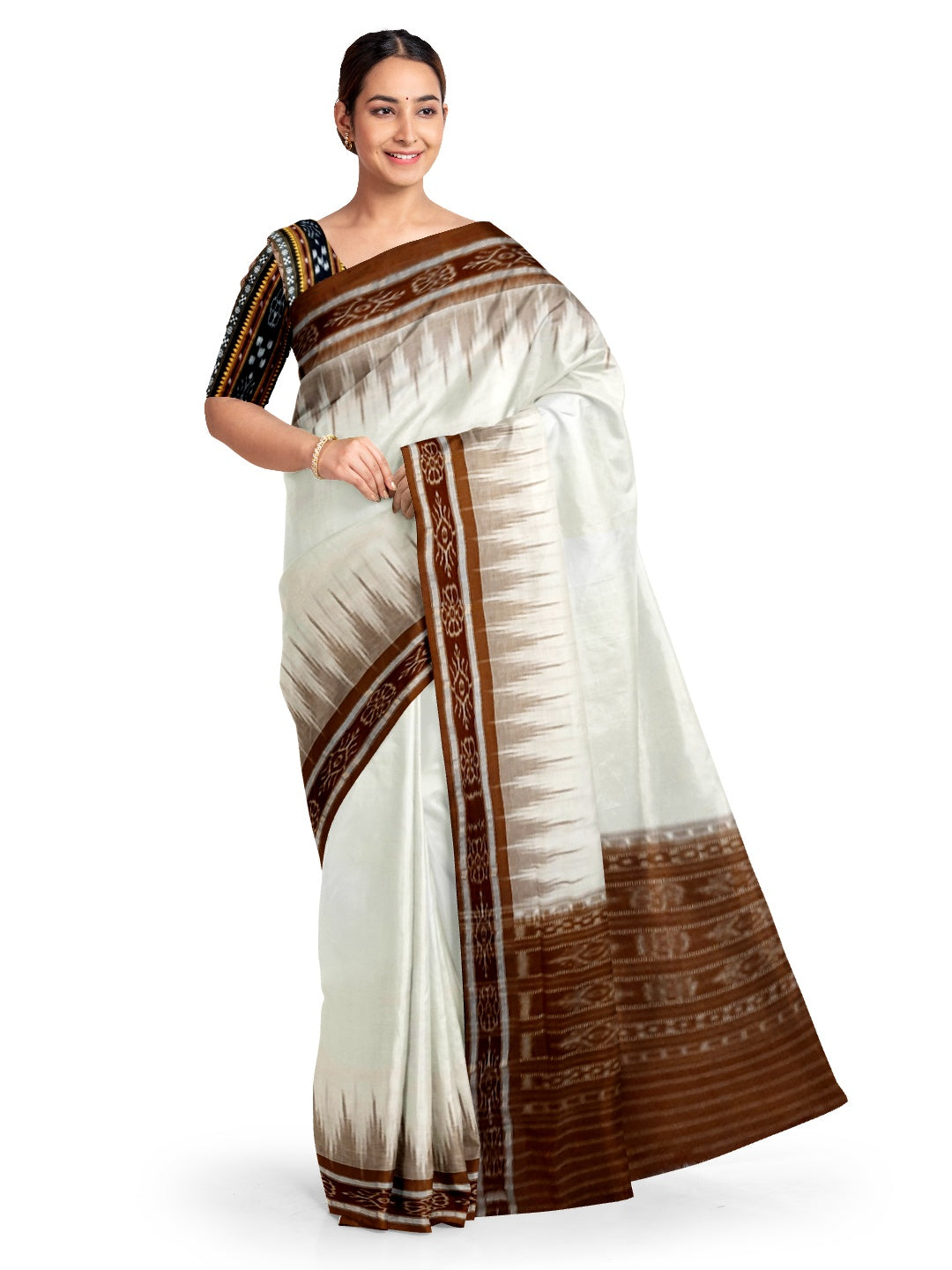 White and Brown coloured Odisha Ikat saree  with cotton ikat blouse piece