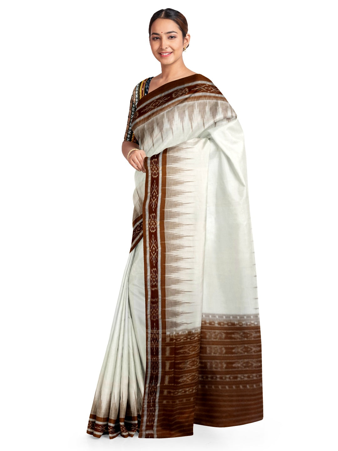 White and Brown coloured Odisha Ikat saree  with cotton ikat blouse piece