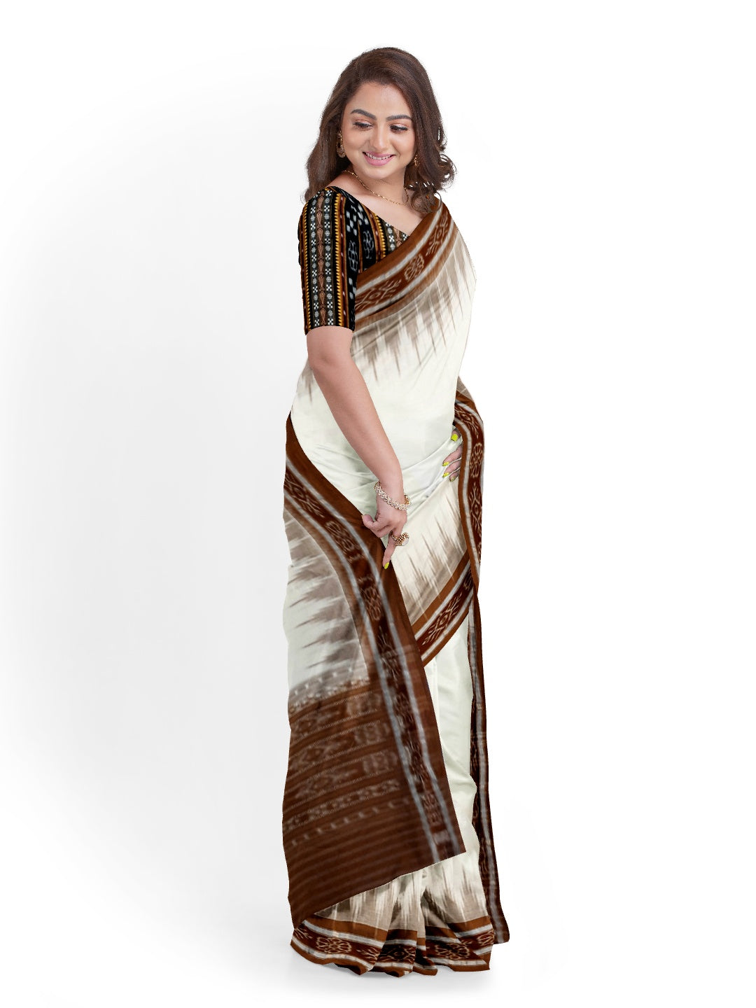 White and Brown coloured Odisha Ikat saree  with cotton ikat blouse piece