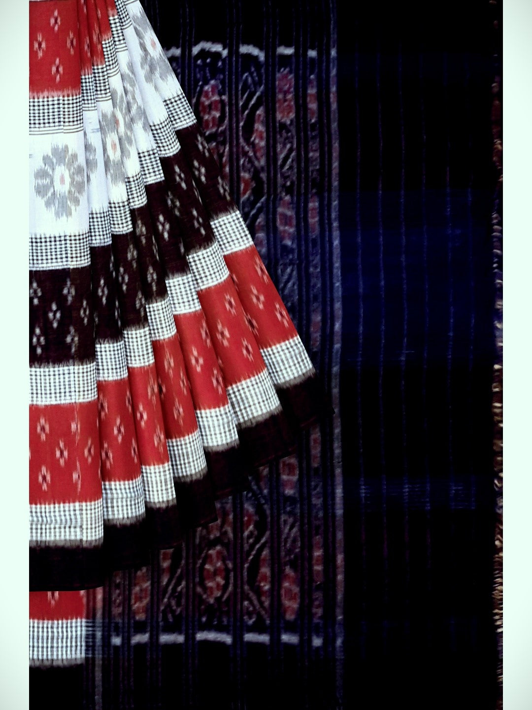 Black White and Red colured Cotton Odisha Ikat saree  with mix match cotton ikat blouse