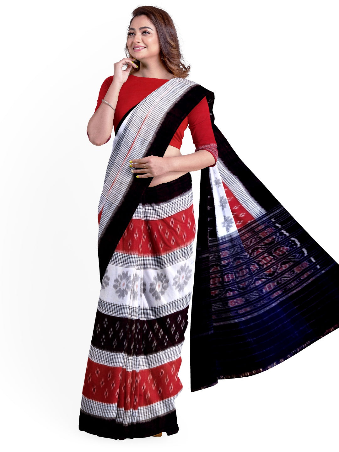 Black White and Red colured Cotton Odisha Ikat saree  with mix match cotton ikat blouse