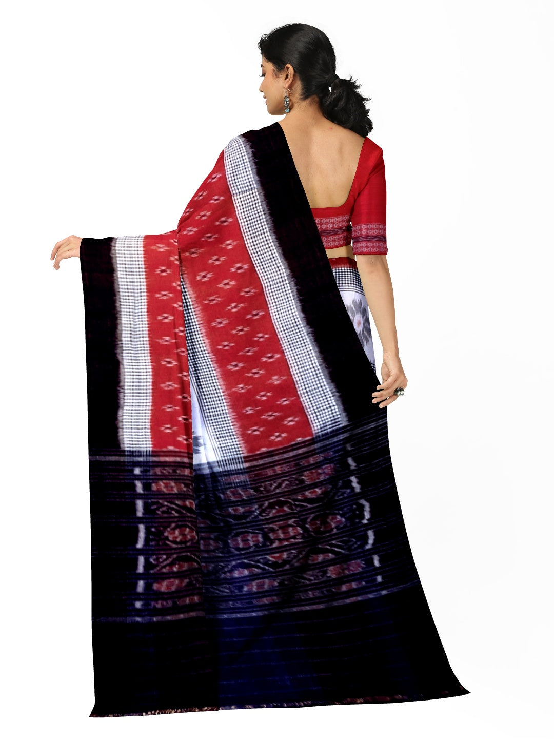 Black White and Red colured Cotton Odisha Ikat saree  with mix match cotton ikat blouse