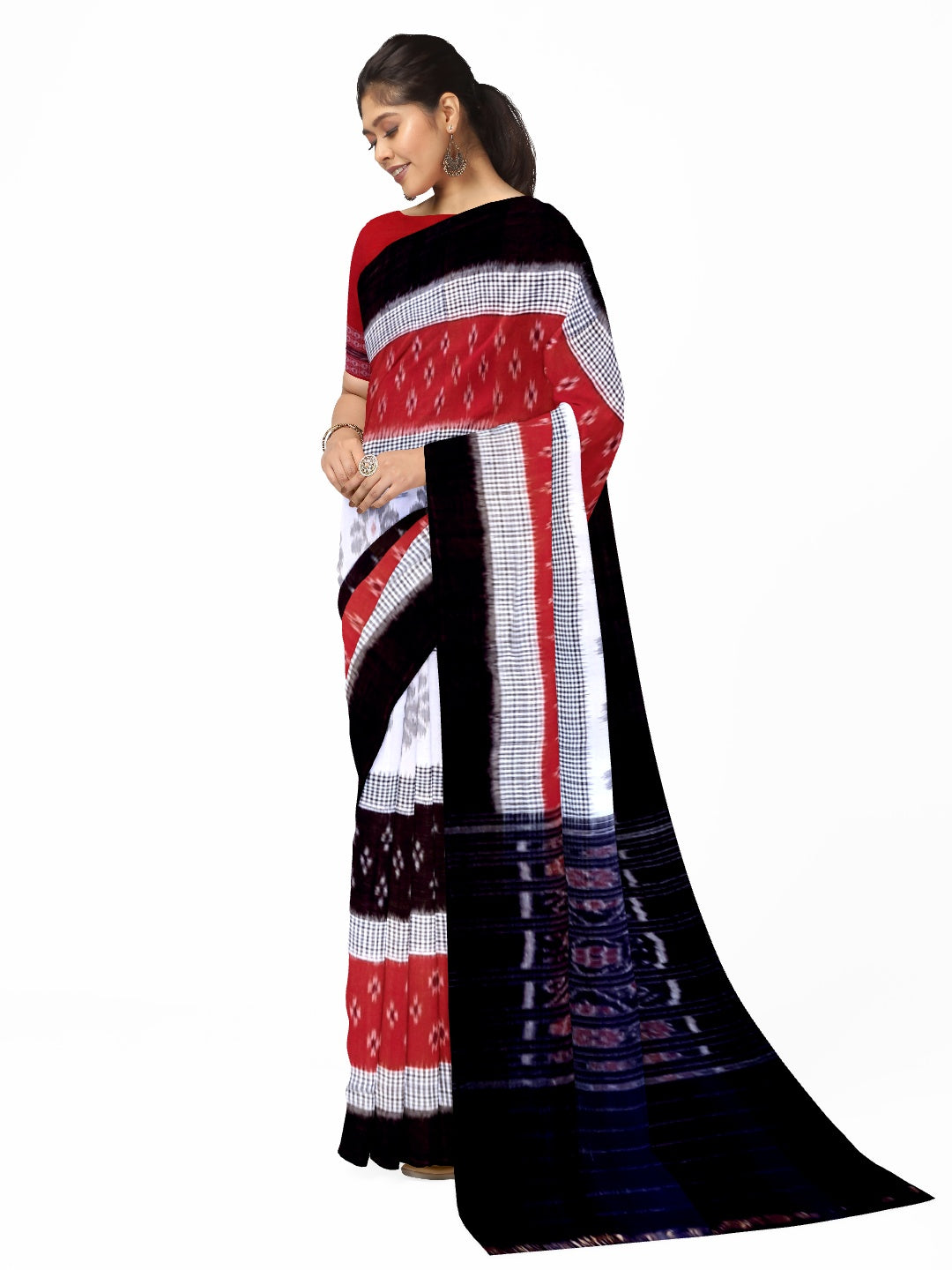 Black White and Red colured Cotton Odisha Ikat saree  with mix match cotton ikat blouse