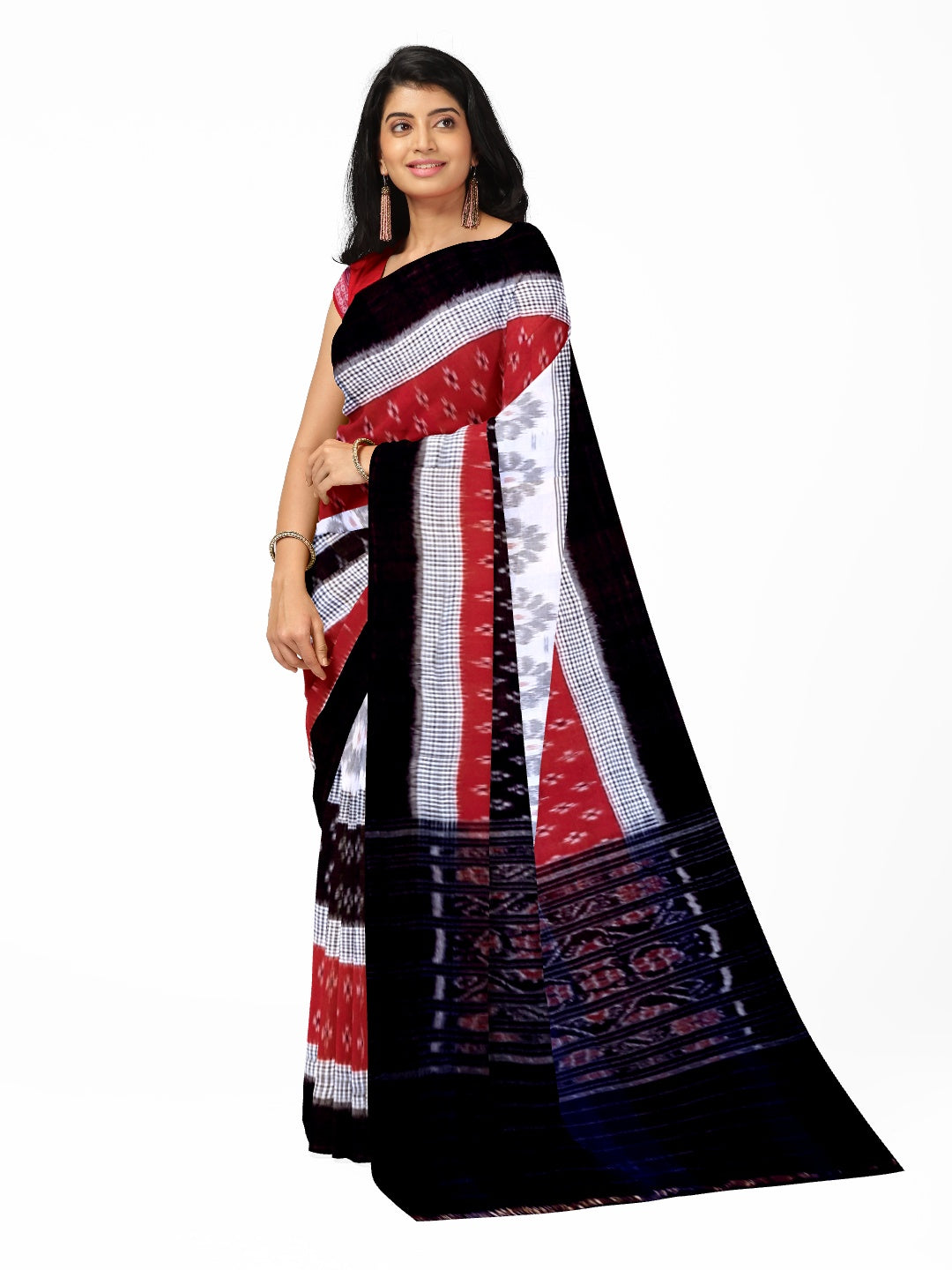 Black White and Red colured Cotton Odisha Ikat saree  with mix match cotton ikat blouse