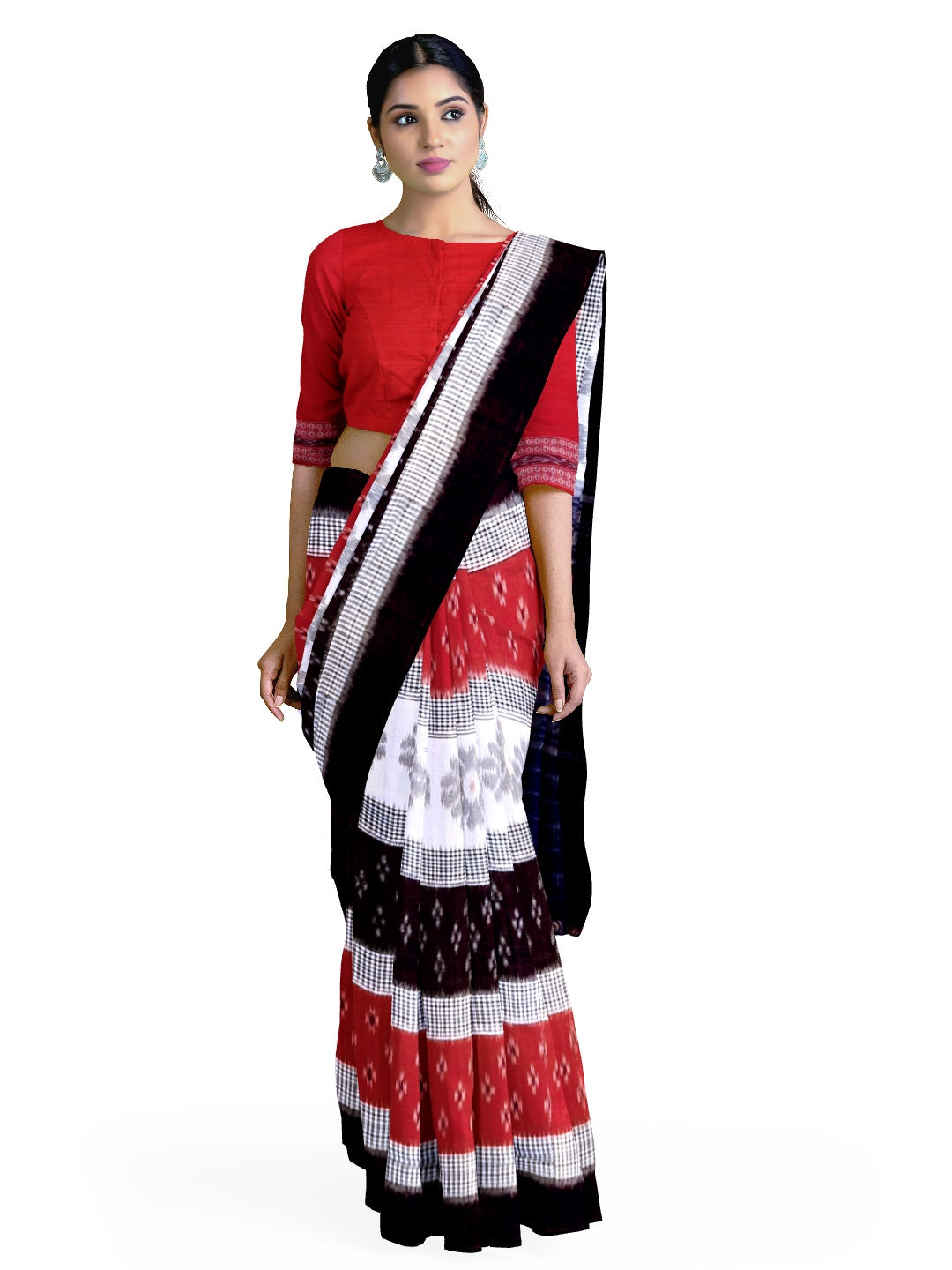 Black White and Red colured Cotton Odisha Ikat saree  with mix match cotton ikat blouse