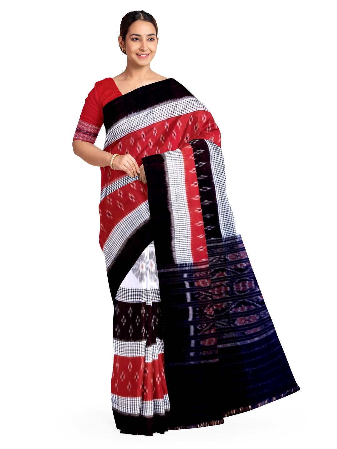 Black White and Red colured Cotton Odisha Ikat saree  with mix match cotton ikat blouse