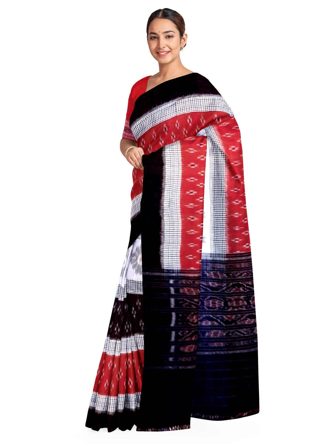 Black White and Red colured Cotton Odisha Ikat saree  with mix match cotton ikat blouse