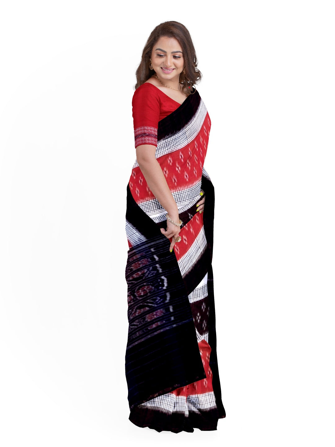 Black White and Red colured Cotton Odisha Ikat saree  with mix match cotton ikat blouse