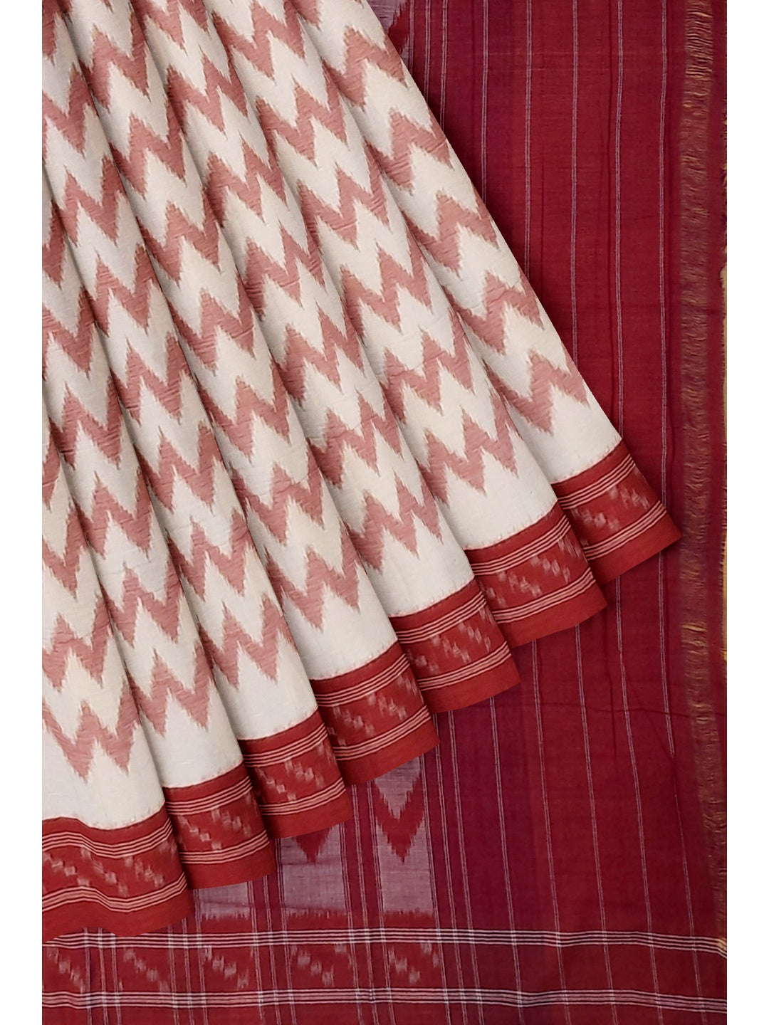 Off-White with Red Cotton Odisha Ikat saree  with mix match cotton ikat blouse