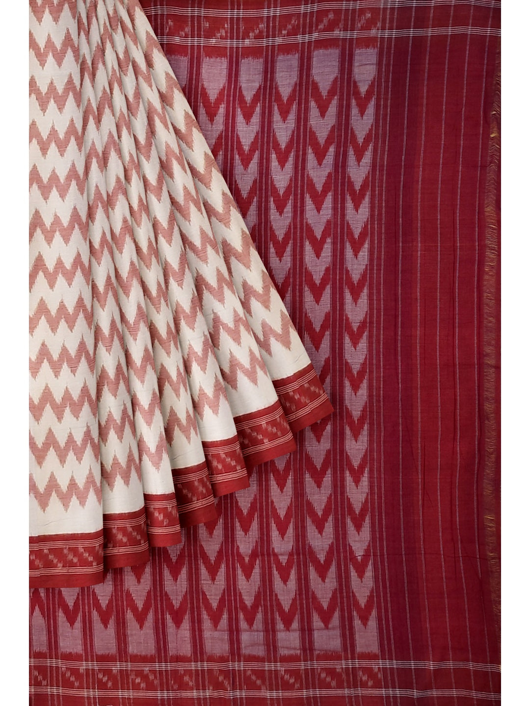 Off-White with Red Cotton Odisha Ikat saree  with mix match cotton ikat blouse