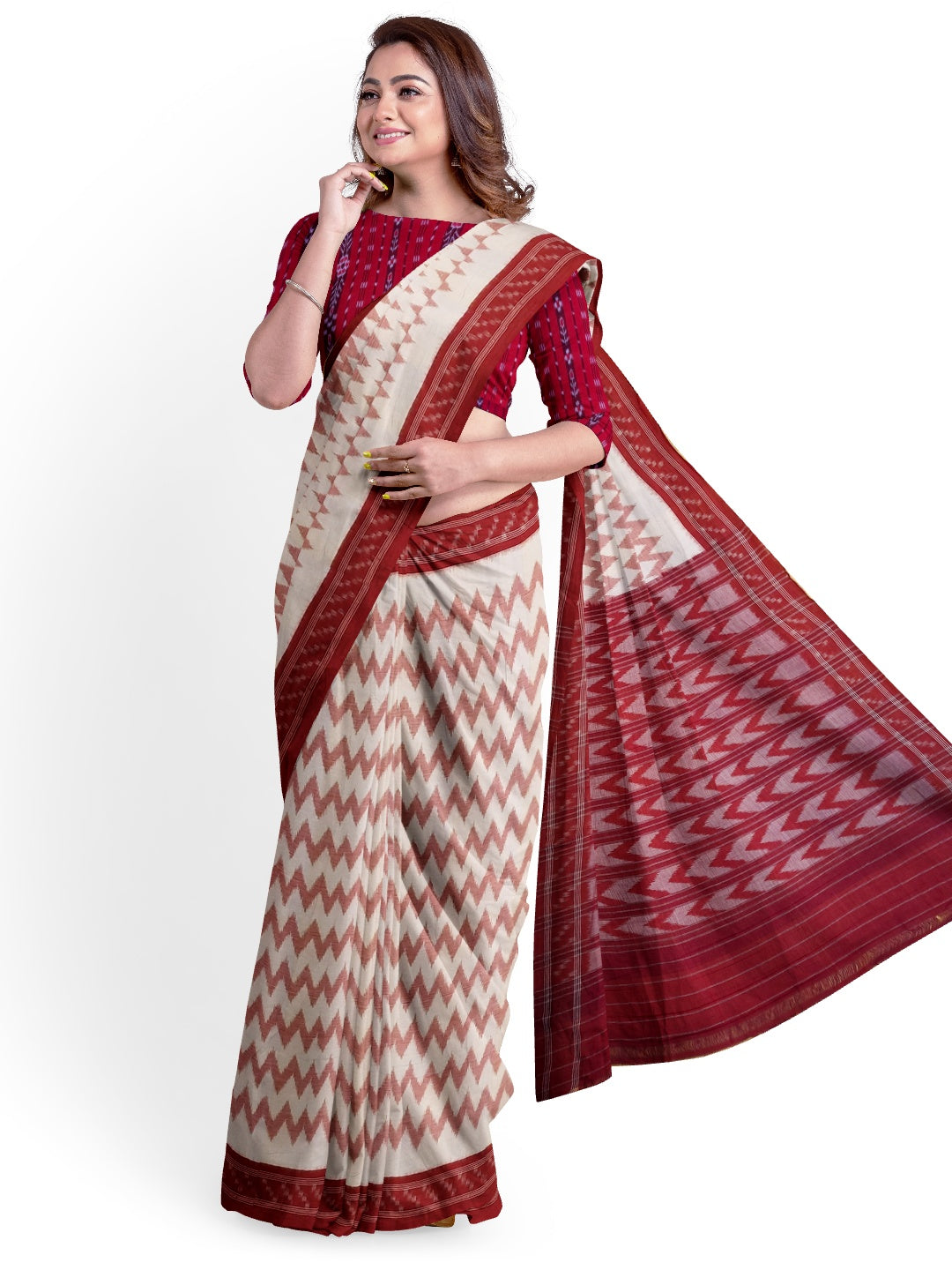 Off-White with Red Cotton Odisha Ikat saree  with mix match cotton ikat blouse