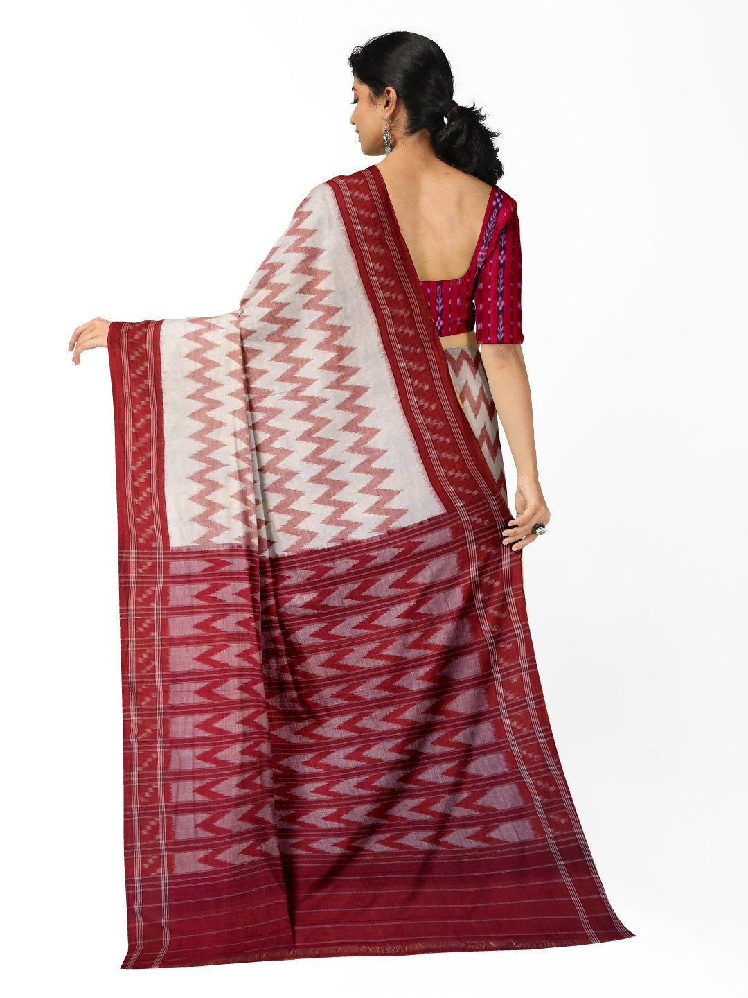 Off-White with Red Cotton Odisha Ikat saree  with mix match cotton ikat blouse