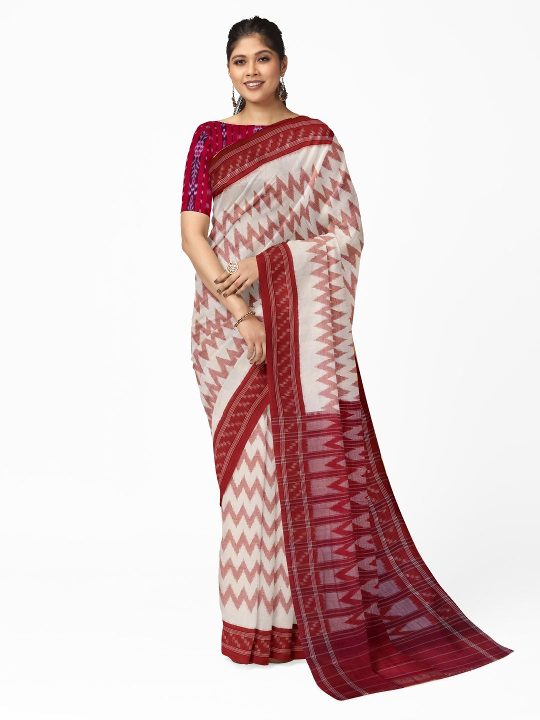 Off-White with Red Cotton Odisha Ikat saree  with mix match cotton ikat blouse