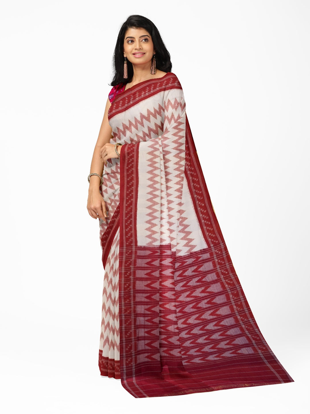 Off-White with Red Cotton Odisha Ikat saree  with mix match cotton ikat blouse