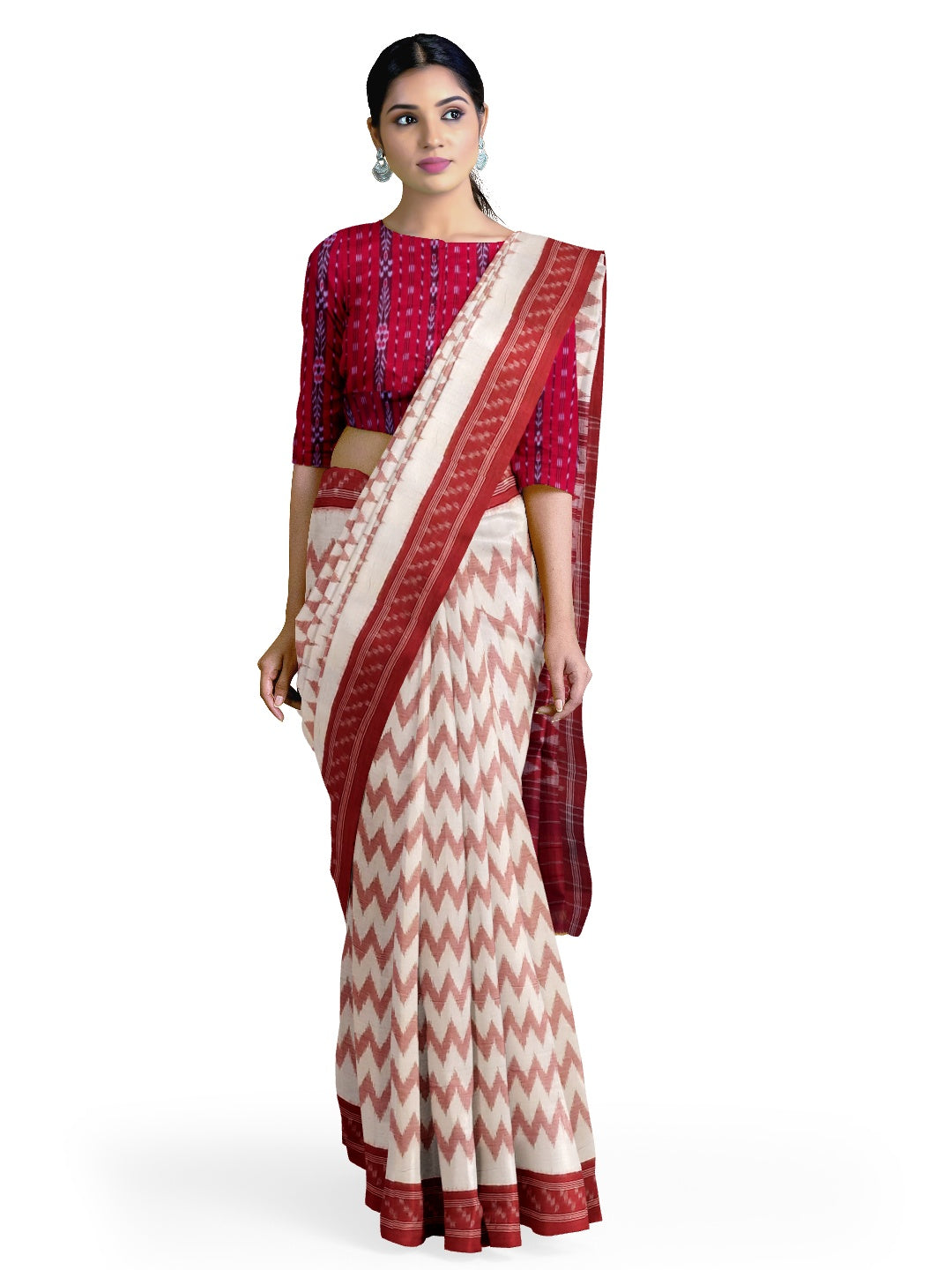 Off-White with Red Cotton Odisha Ikat saree  with mix match cotton ikat blouse