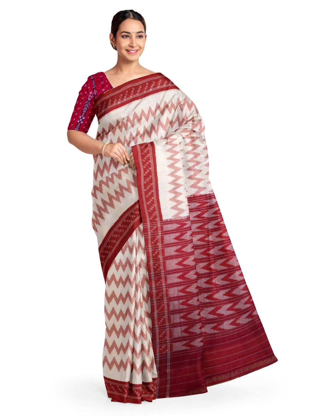 Off-White with Red Cotton Odisha Ikat saree  with mix match cotton ikat blouse