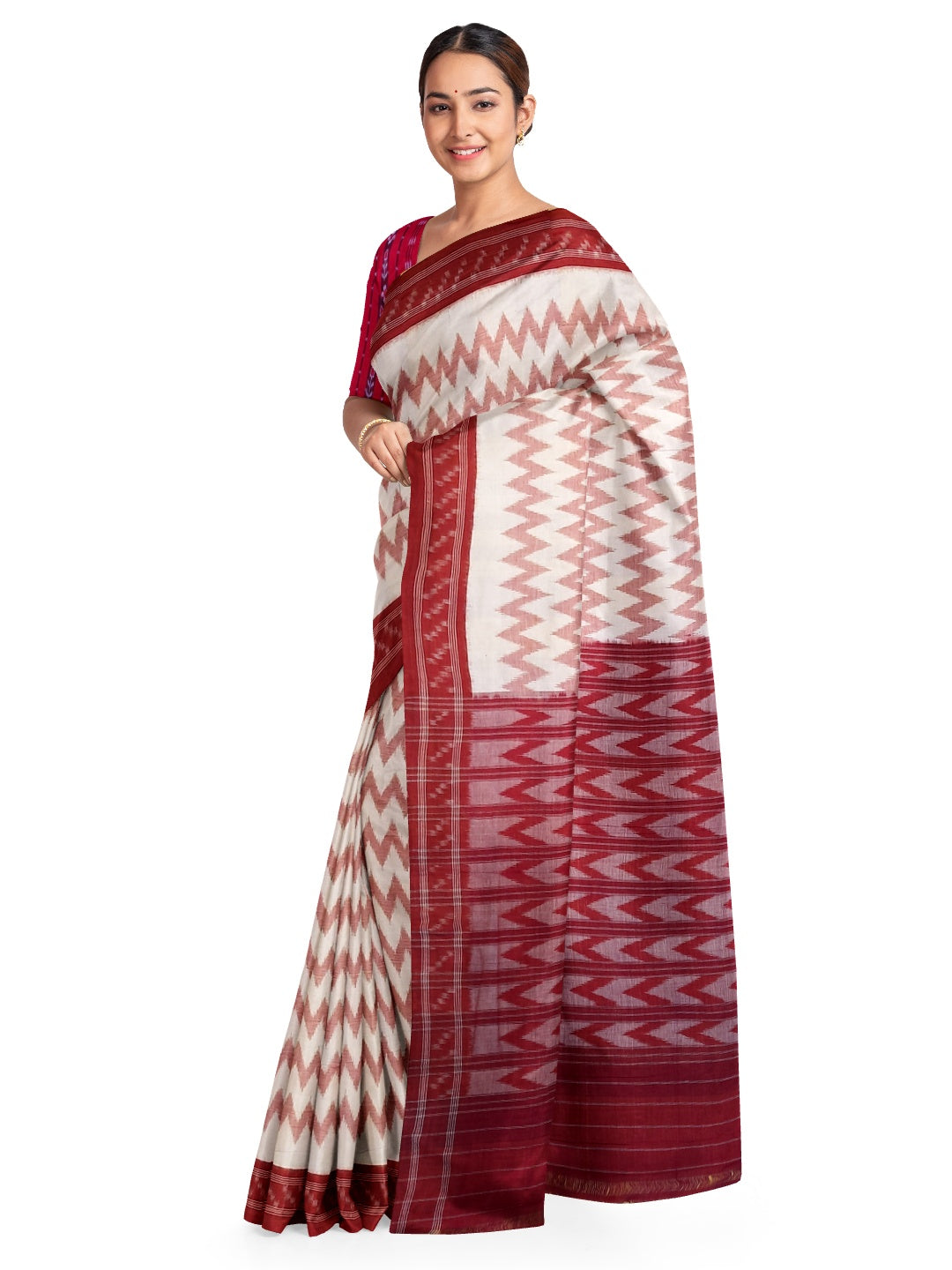 Off-White with Red Cotton Odisha Ikat saree  with mix match cotton ikat blouse