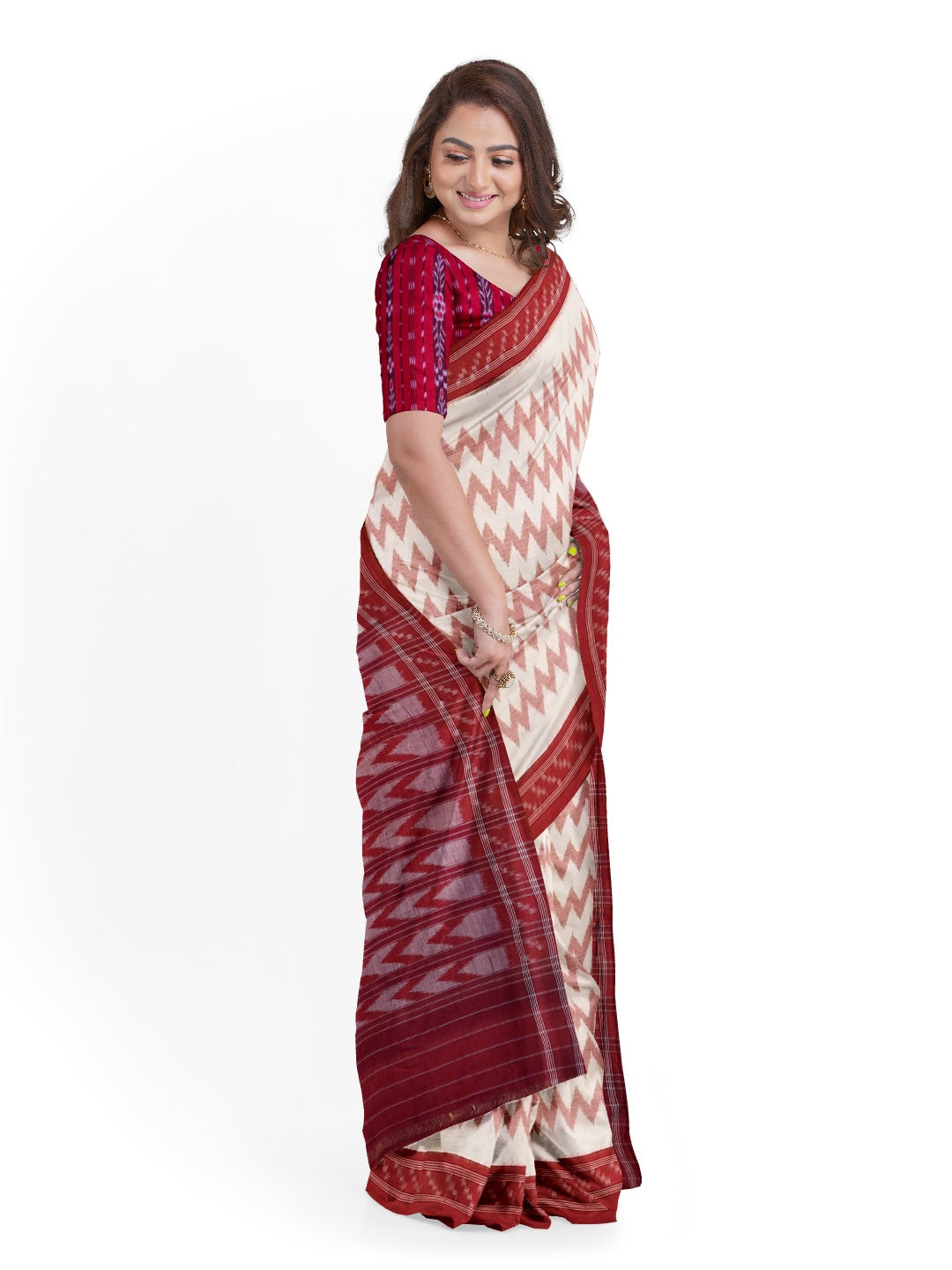 Off-White with Red Cotton Odisha Ikat saree  with mix match cotton ikat blouse